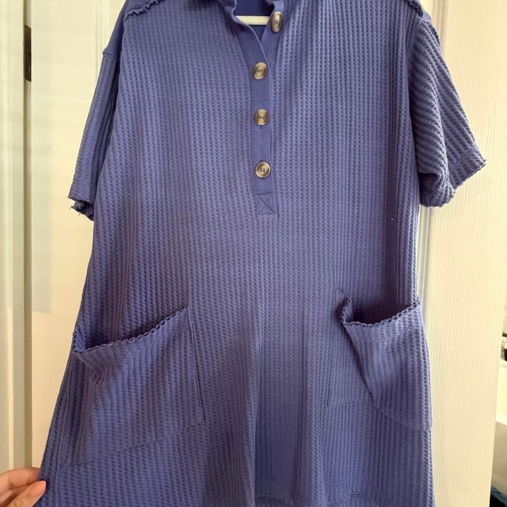 Zenana Waffle Knit Henley Dress Short Sleeve Pockets Purple Blue CD-3392Y M